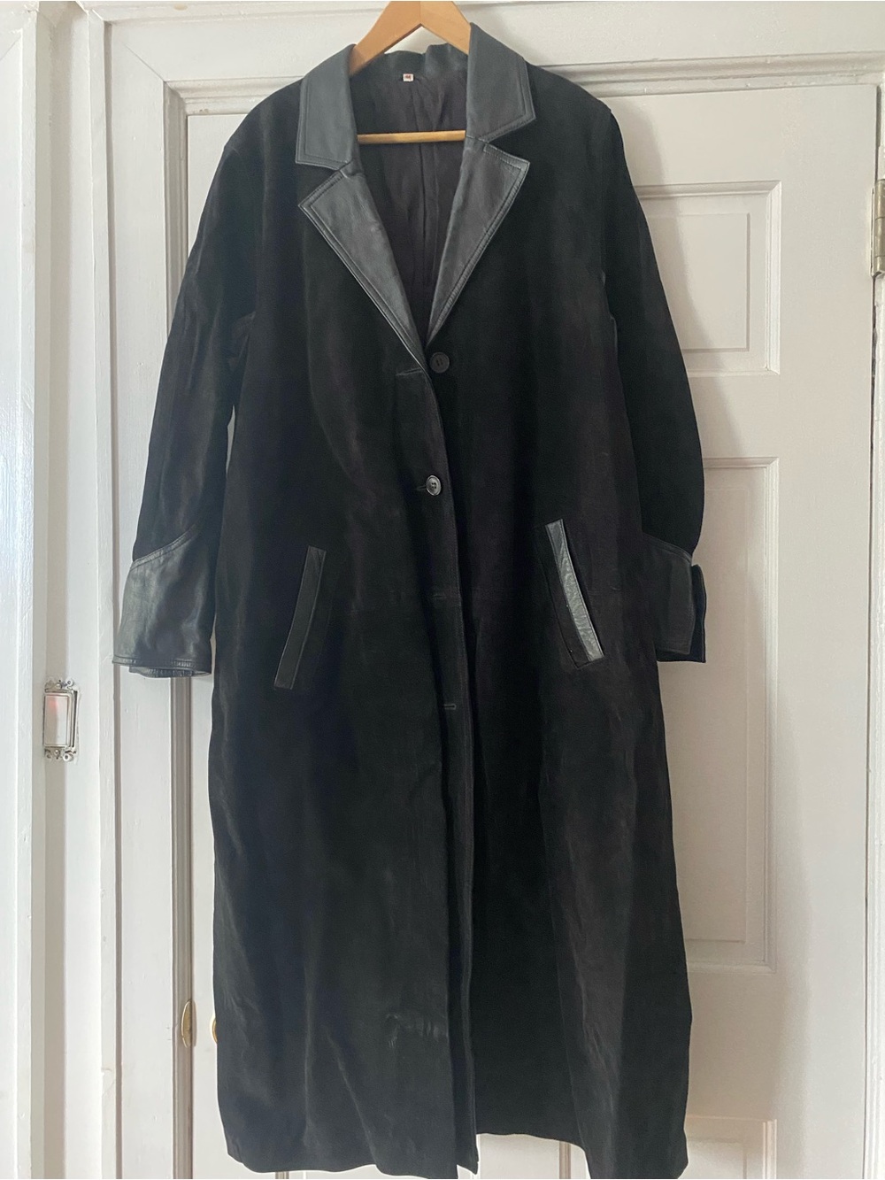 Unique Vintage Black Long Suede Coat with Leather Trim